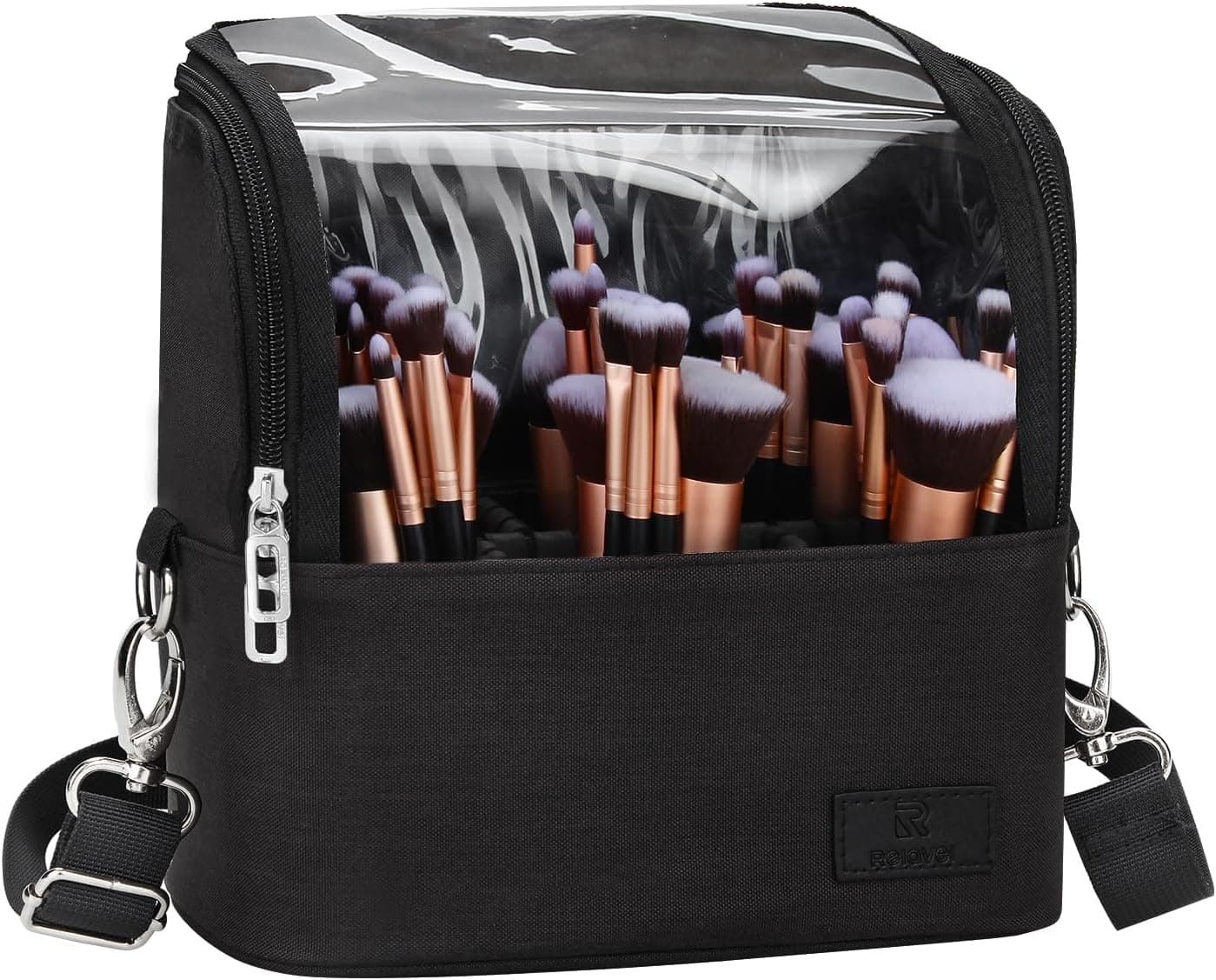 Makeup Brush Case Stand-up Makeup Cup Travel Professional Cosmetic Bag Artist Storage Bag Large Makeup Brush Bag with Adjustable Divider (Large, Black)