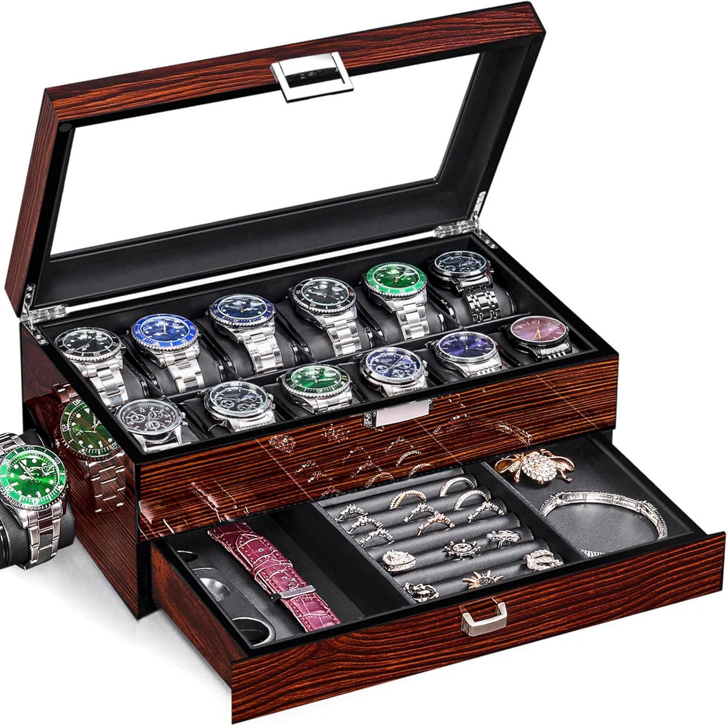 BEWISHOME High-End Watch Case, 12-Slot Watch Box with Valet Drawer, 2-Layer Wooden Watch Display Case for Jewelry, Watch Organizer Watch Storage Holder for Men Women Brown SSH02Y