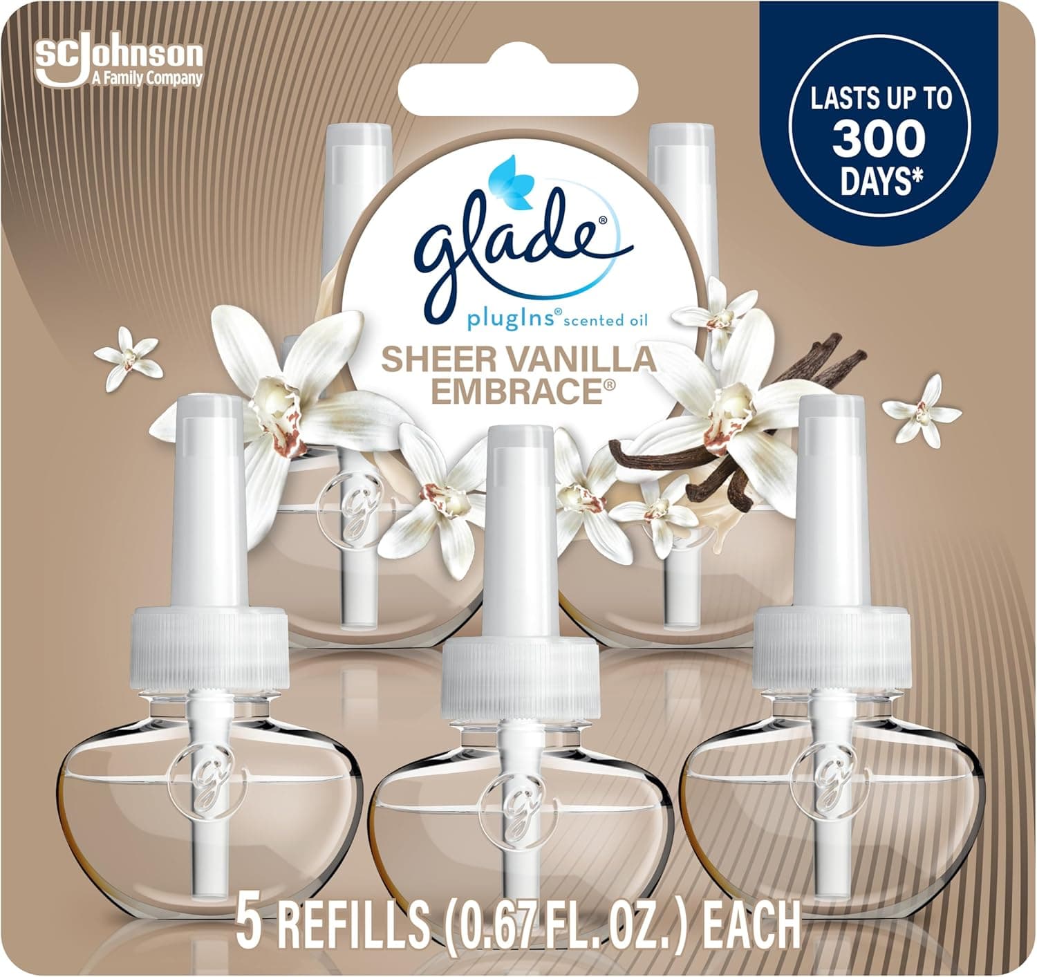 Glade PlugIns Refills Air Freshener, Scented and Essential Oils for Home and Bathroom, Sheer Vanilla Embrace, 3.35 Fl Oz, 5 Count