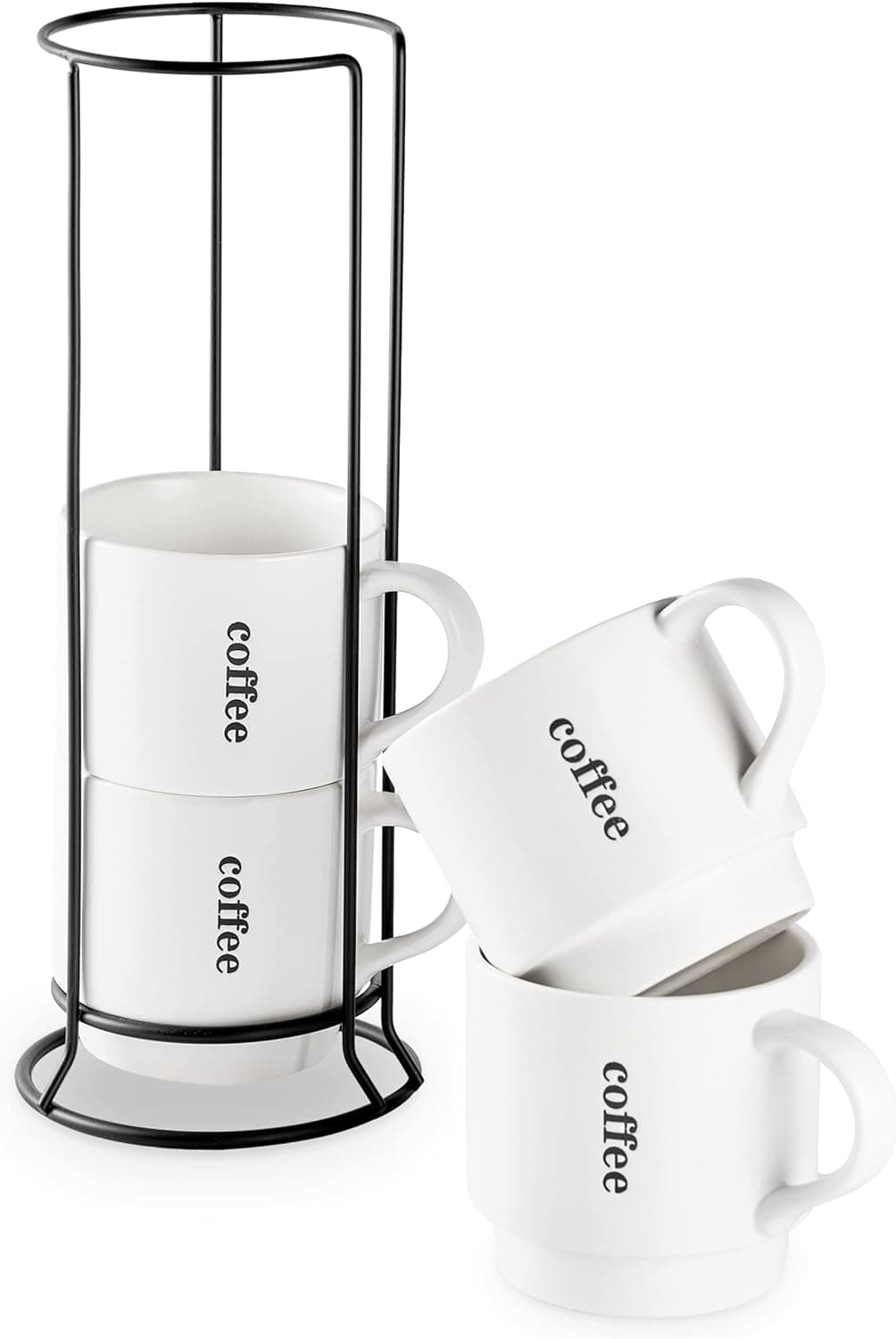 LAUCHUH Coffee Mugs Set of 4, 15 Ounce Stackable Coffee Mugs with Rack Latte Cup Porcelain Mugs for Coffee, Tea, Hot Cocoa, Milk, Dishwasher & Microwave Safe for Christmas, White