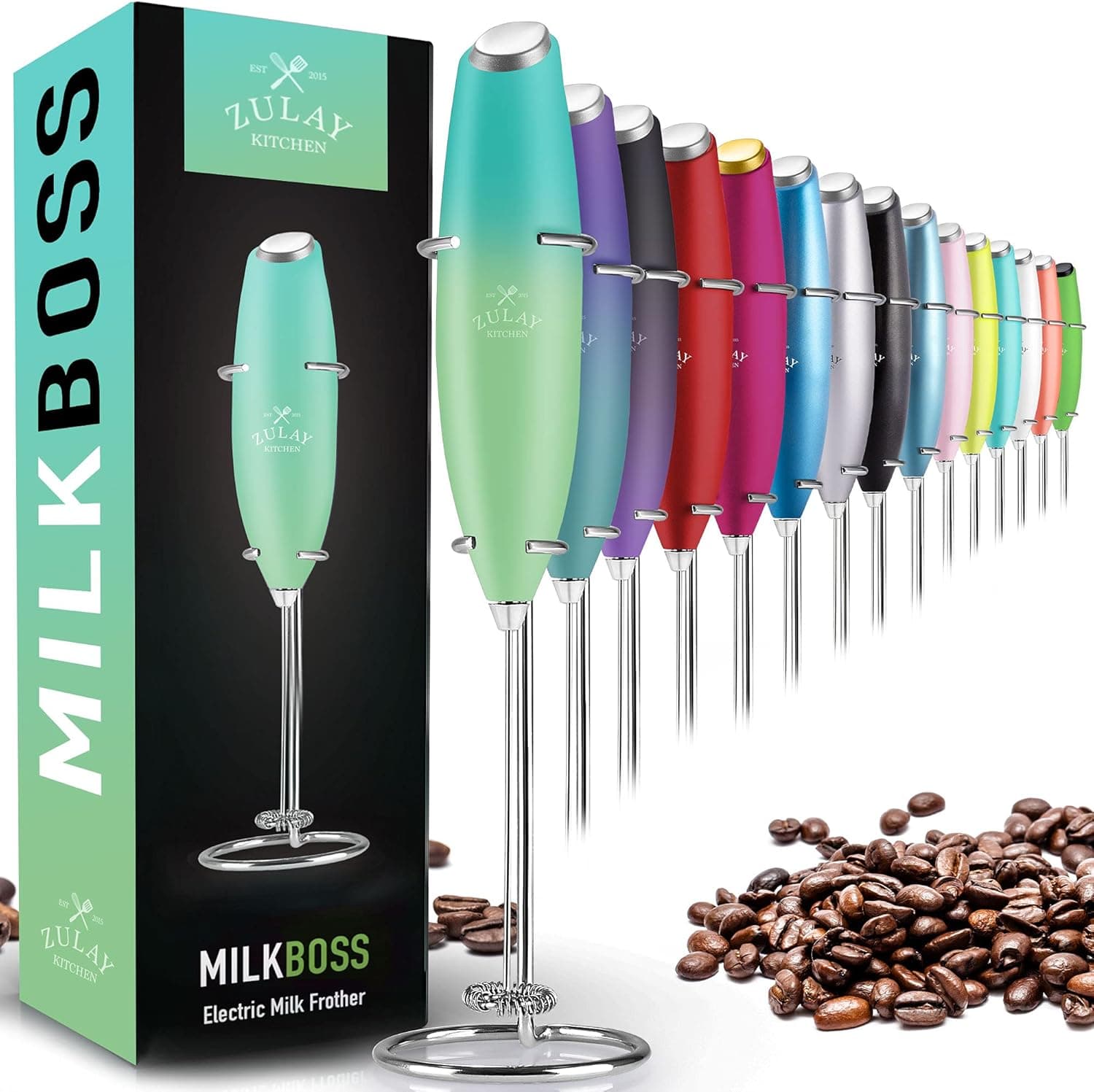 Zulay Powerful Milk Frother Handheld Foam Maker for Lattes - Whisk Drink Mixer for Coffee, Mini Foamer for Cappuccino, Frappe, Matcha, Hot Chocolate by Milk Boss (Ocean Spray)