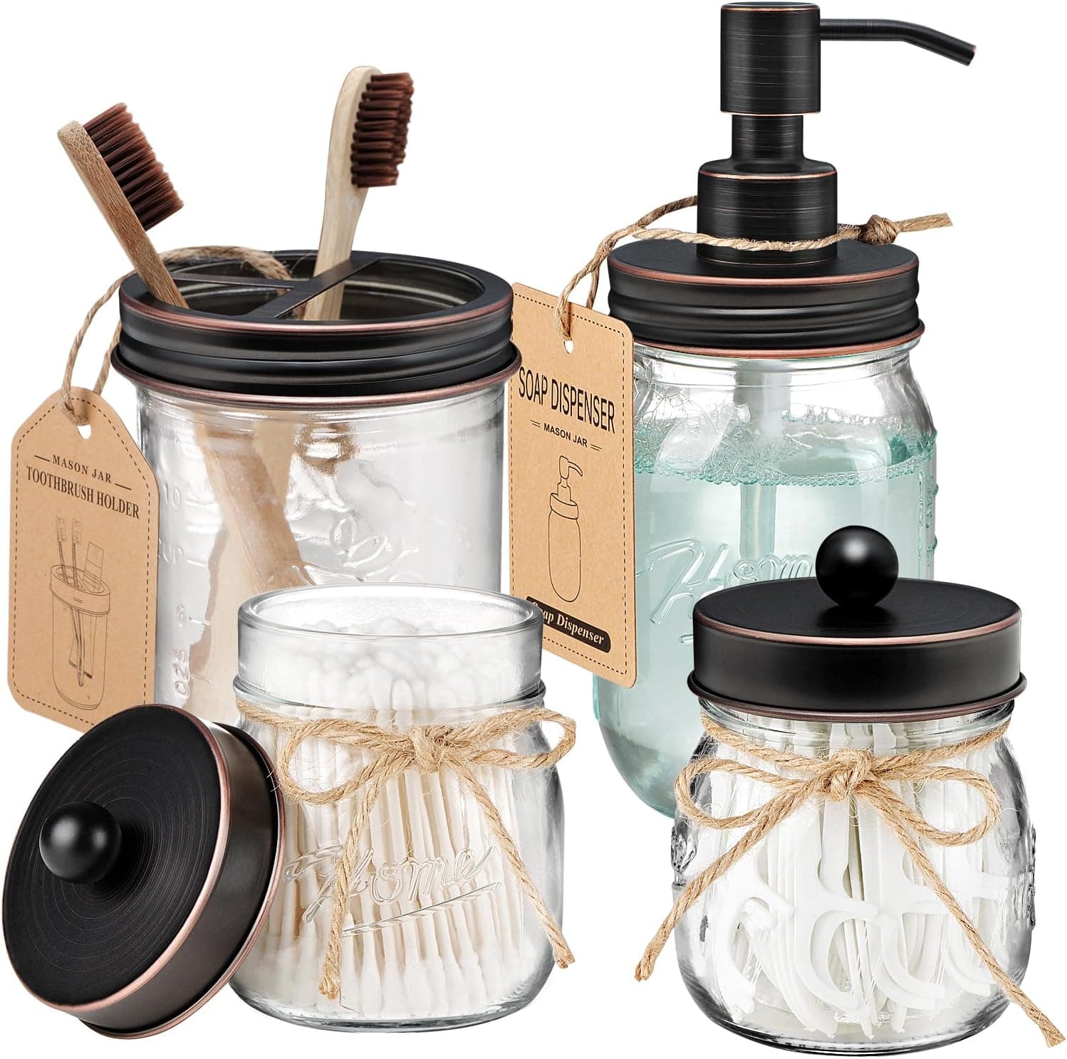 Amolliar Mason Jar Bathroom Accessories Set 4 Pcs -Lotion Soap Dispenser & 2 Qtip Holders & Toothbrush Holder - Rustic Farmhouse Decor, Bathroom Home Decor, Perfect Decorating Idea (Oil Rubbed Bronze)