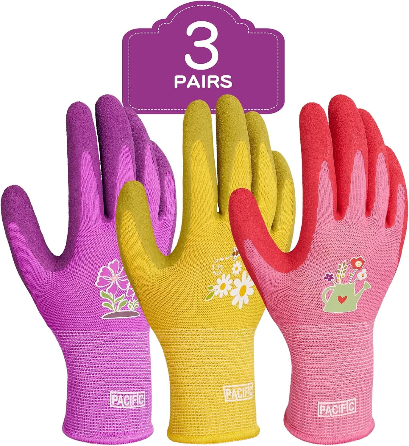 PACIFIC 3 Pairs Gardening Gloves for women, Rubber Coated Garden Gloves, Ladies Yard Work Gloves, Breathable, Purple & Yellow & Red, Medium