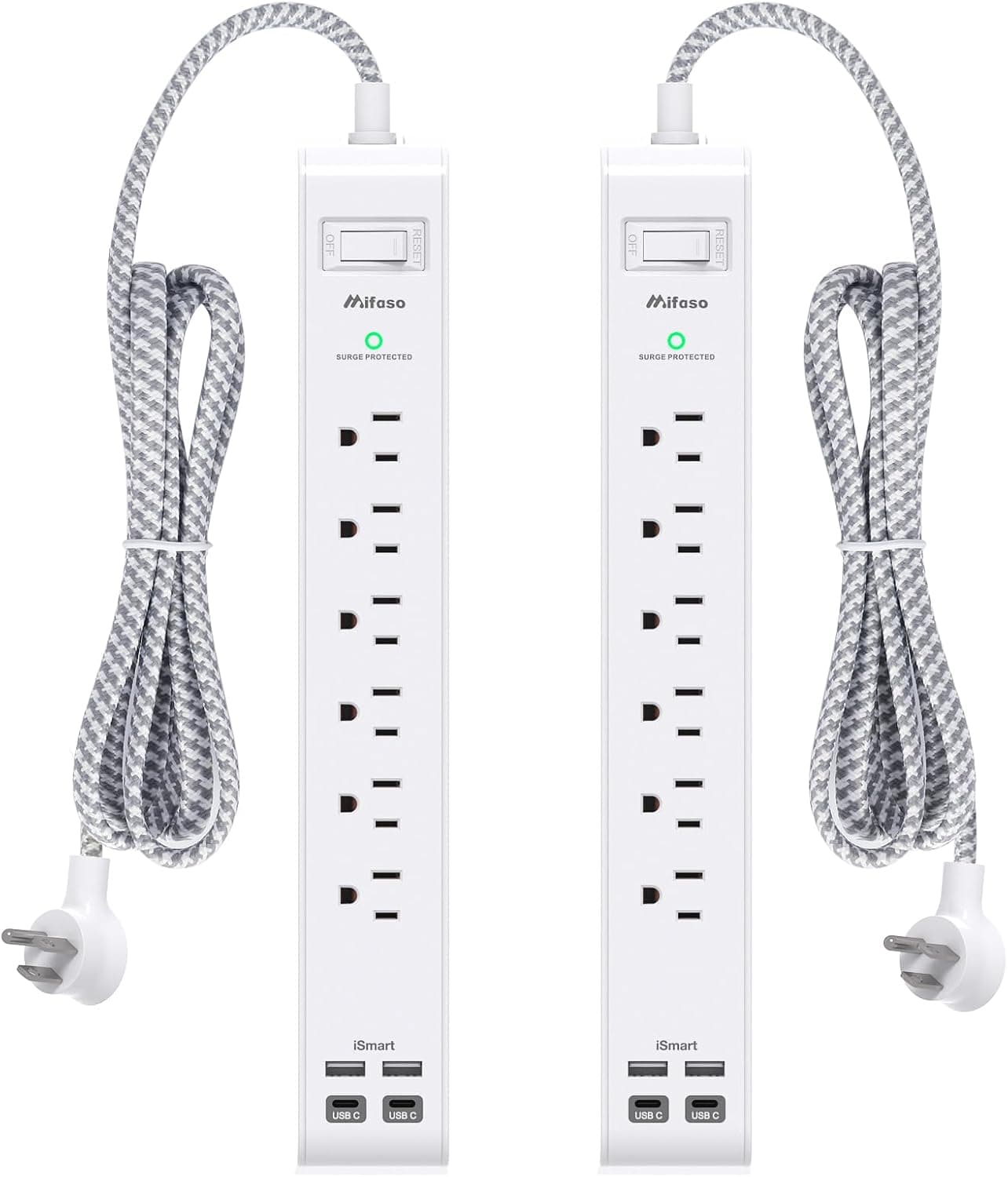 2 Pack Power Strip, 12FT Long Extension Cord, Surge Protector with 6 Outlets and 4 USB Ports (2 USB C), Flat Plug Overload Protection, Extension Cord 10+ ft, Wall Mount for Home Office Dorm College