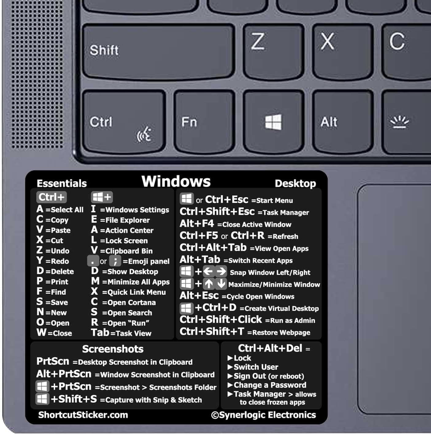 Synerlogic Windows PC Reference Keyboard Shortcut Sticker | Vinyl, Laminated Windows Shortcut Sticker for PC Laptop or Desktop | Shortcuts Cheat Sheet (Black/Small)