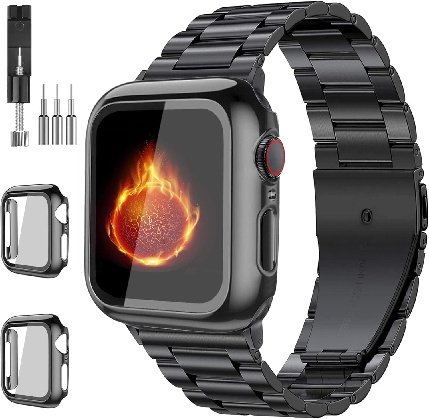 Compatible with Apple Watch Band 49mm 46mm 44mm 45mm 42mm 40mm 38mm 41mm, Stainless Steel iWatch Bands with 2 Pack Tempered Glass Case for Series 11/10/9/Ultra 3 2/8/7/6/5/4/3/2/1/SE for Men