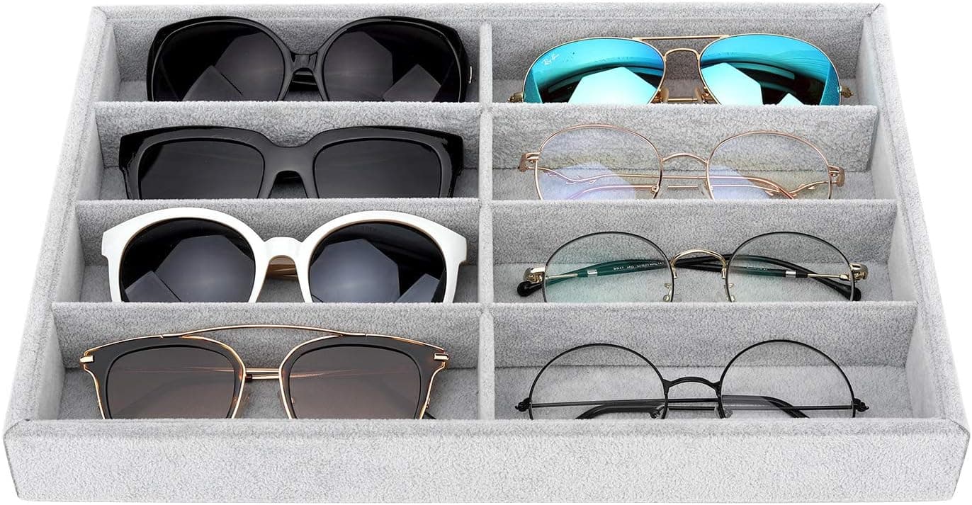 Emibele Sunglass Organizer Jewelry Tray, 8 Grids Velvet Tray Glasses Watch Storage Stackable Eyeglasses Jewelry Showcase Display Organizer Tray - Grey