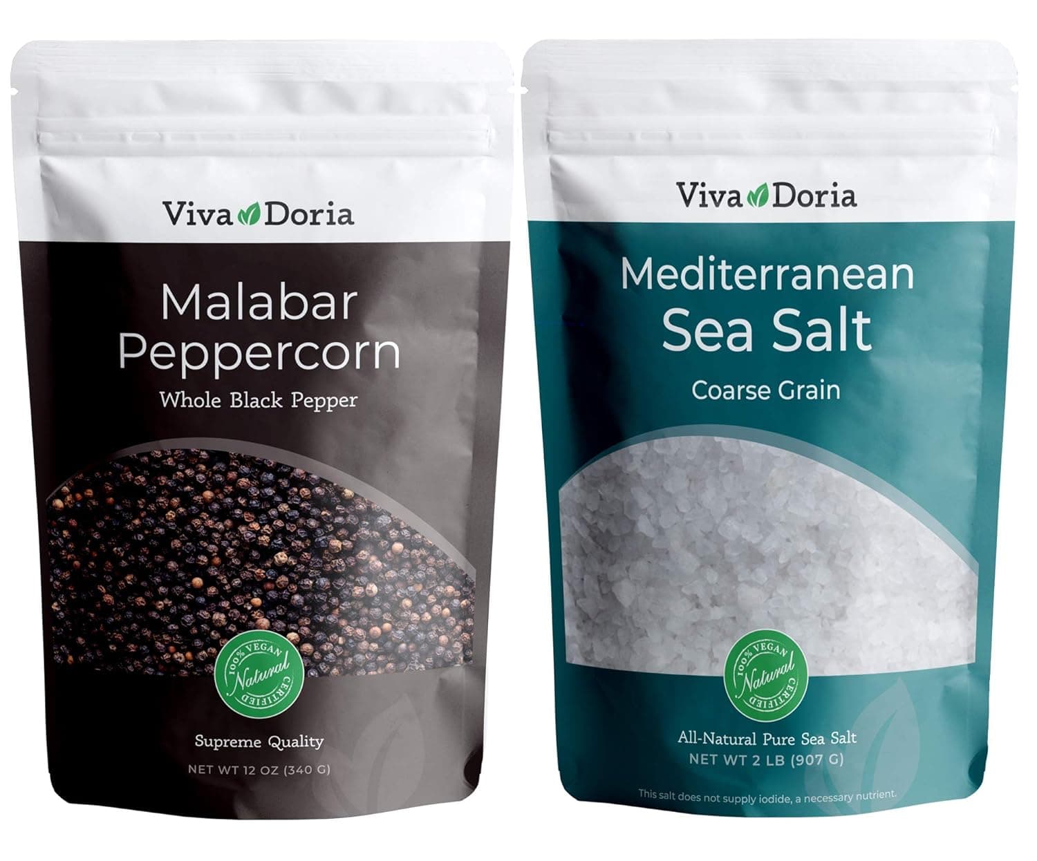 Viva Doria Malabar Whole Black Peppercorns, 12 oz + Mediterranean Sea Salt, Coarse Grain, 2 lb – Grinder Refill Pack | Sea Salt & Whole Black Pepper, 2-Piece Set