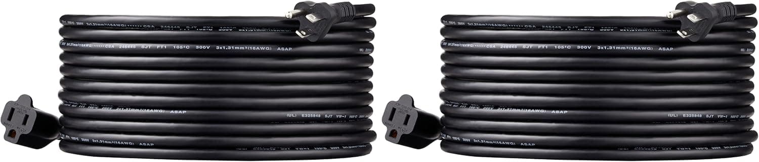 Amazon Basics Extension Cord, 13 Amps, 125V, 25 Foot, Black - Pack of 2