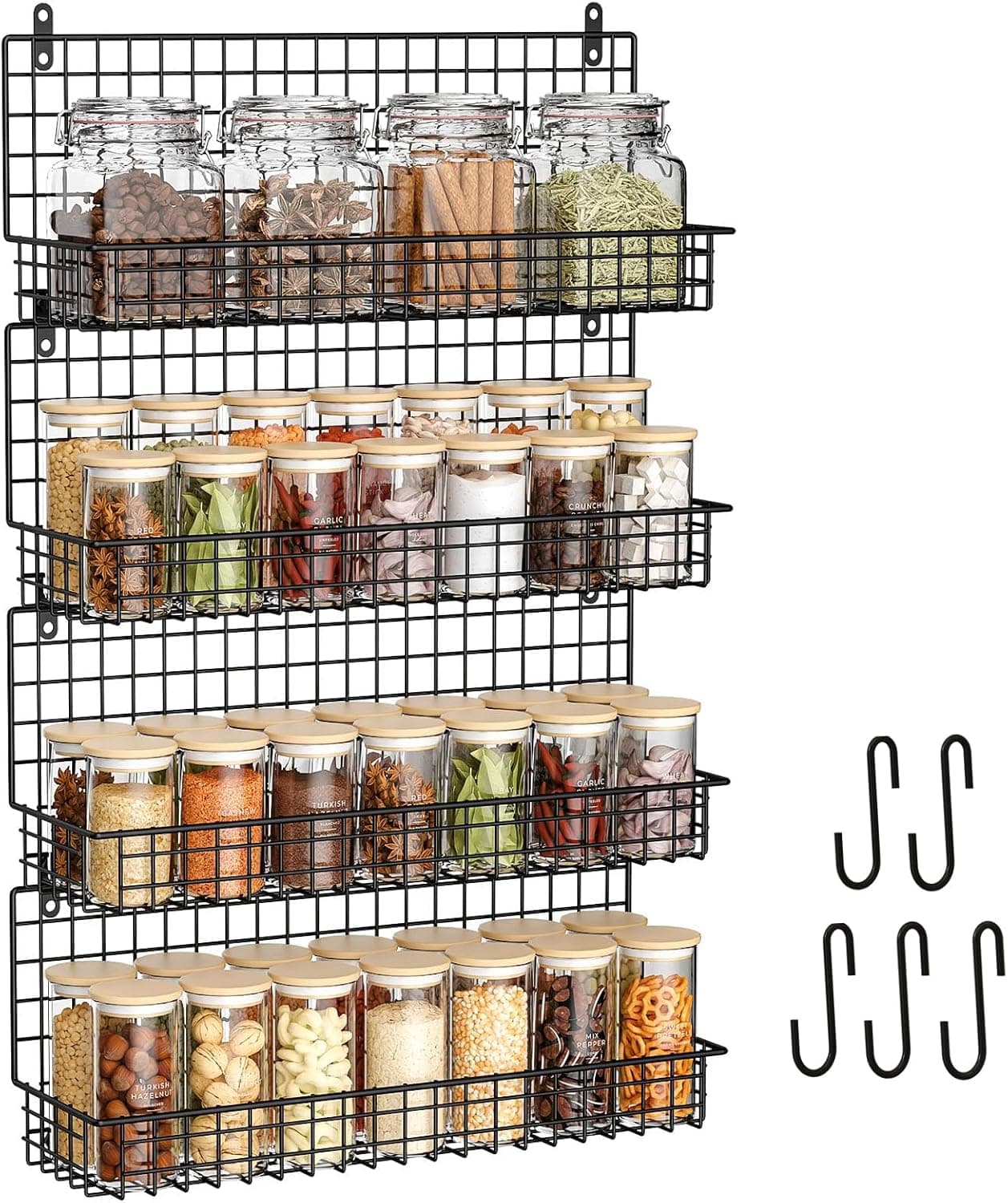 X-cosrack Upgraded Spice Rack Organizer - Wall Mounted Large 4-Tier Stackable Spice Storage with 5 Hooks, Holds 80 Jars, for Kitchen Pantry Organization (Patent:D909138S)