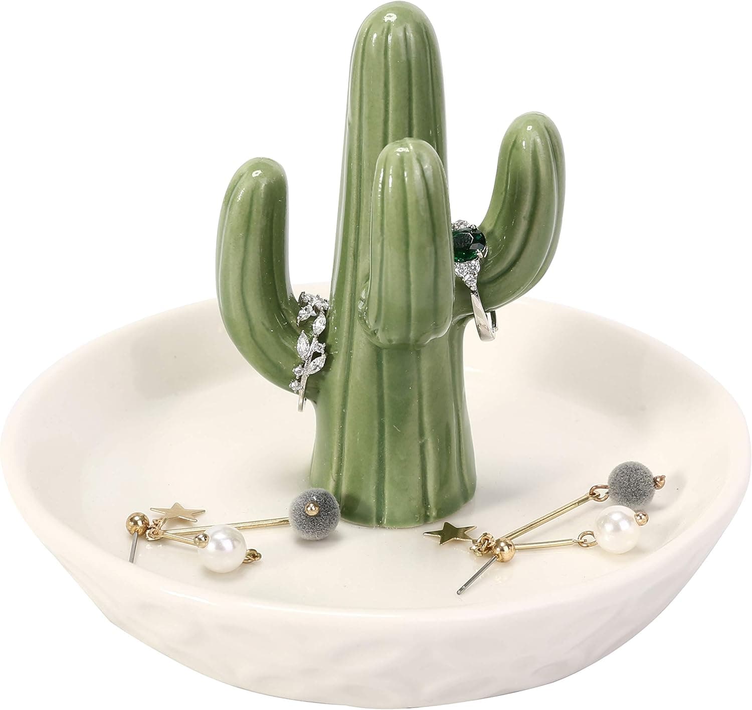 HOME SMILE Ceramic Cactus Ring Holder with Derorative White Dish for Jewelry,Christmas Birthday Gifts for Women