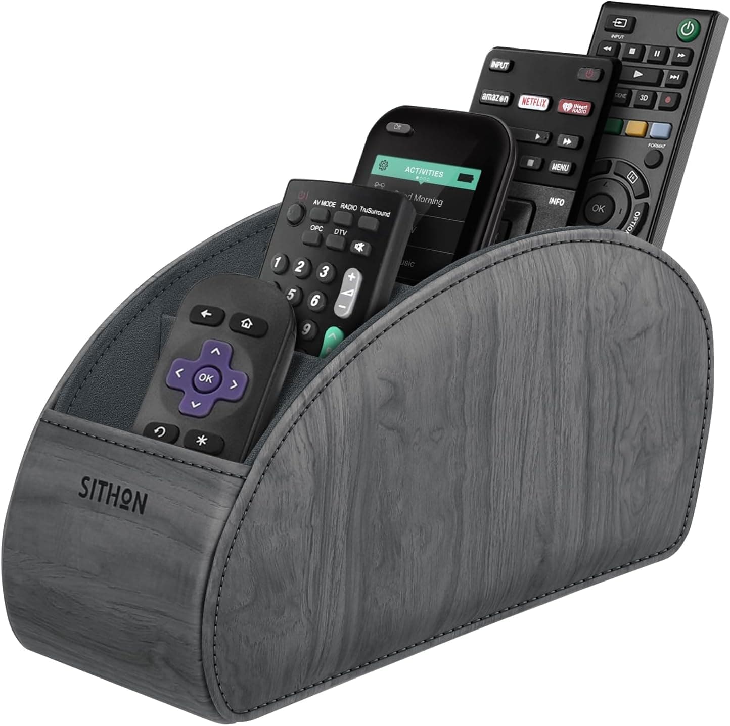 SITHON Remote Control Holder with 5 Compartments - PU Leather Remote Caddy Desktop Organizer Store TV, DVD, Blu-Ray, Media Player, Heater Controllers, Woodgrain Gray