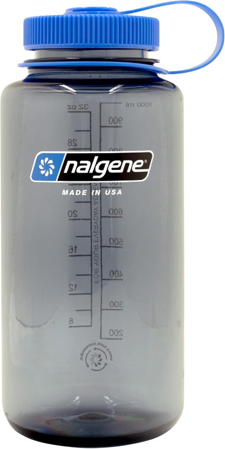 Nalgene Sustain Tritan BPA-Free Water Bottle Made with Material Derived from 50% Plastic Waste, 32 OZ, Wide Mouth,Smoke Grey