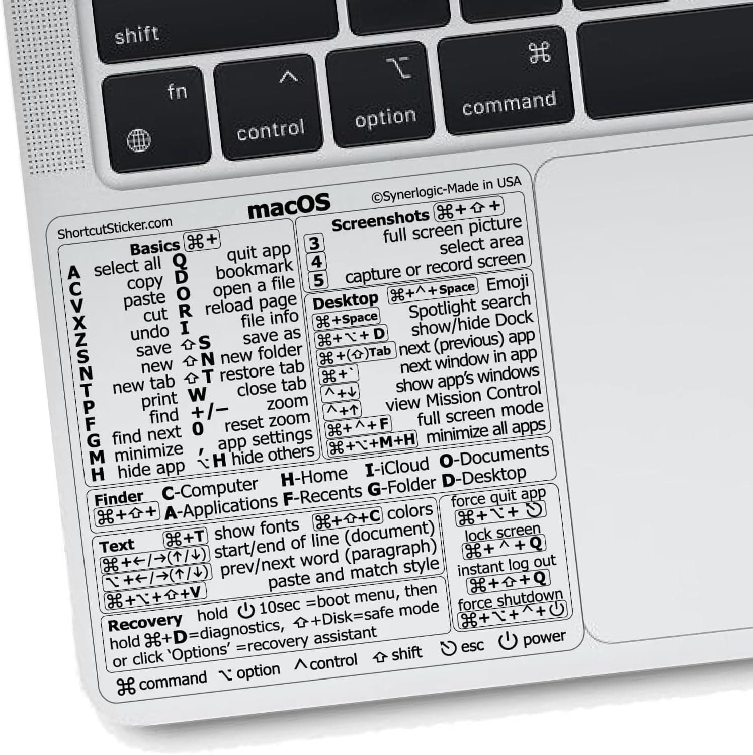 Synerlogic Mac OS Shortcuts Sticker | Keyboard Stickers for macOS | Laminated Vinyl MacBook Cheatsheet for Laptop | MacBook Shortcuts 2025 (Clear/Black)