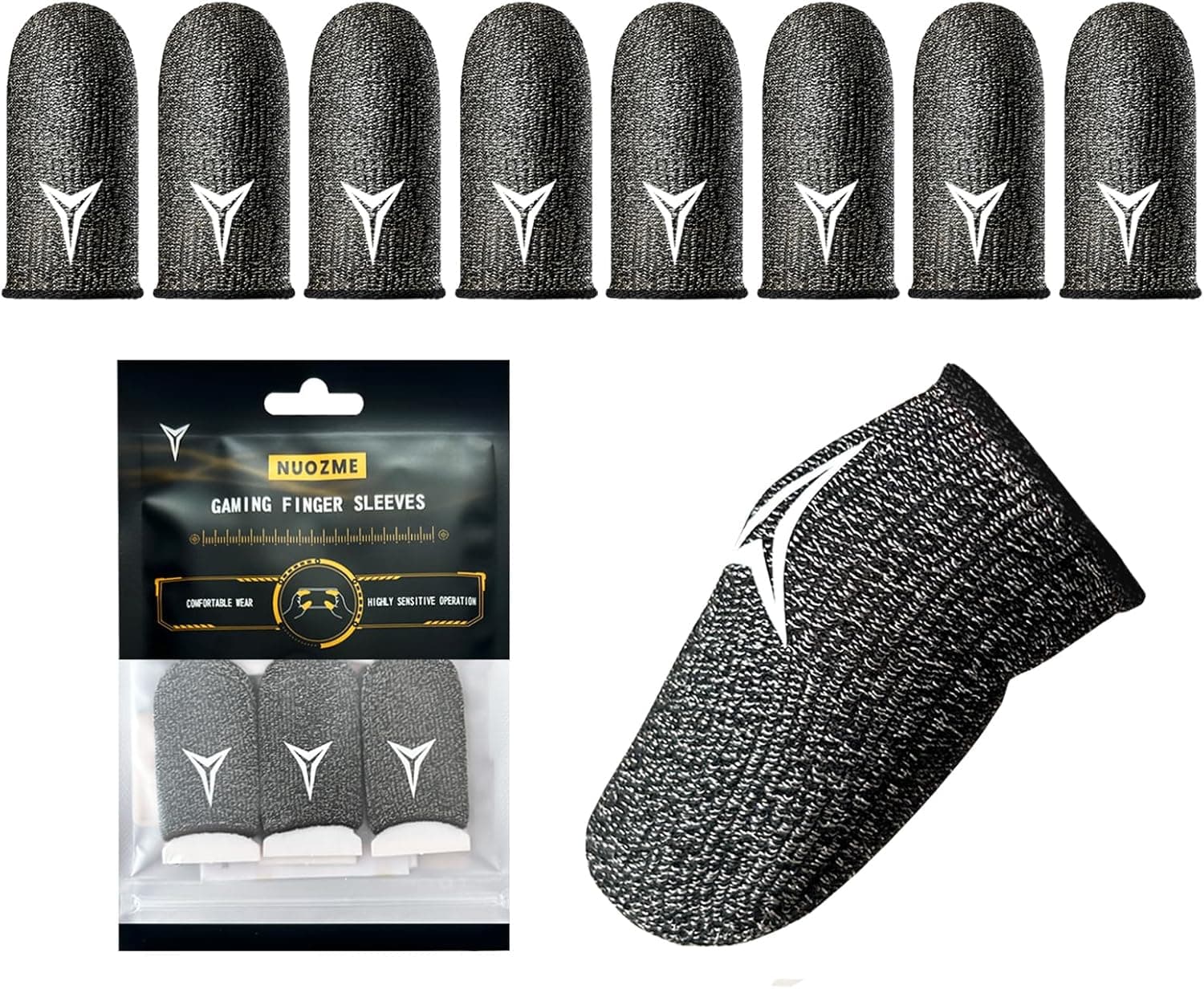 8 Pack Gaming Finger Sleeves for Mobile Gaming, 0.3mm Silver Fiber, Smooth Operation, Anti-Sweat, Extremely Thin, Nuozme Finger Sleeves Fit Mobile Phone Tablet Devices(Black)