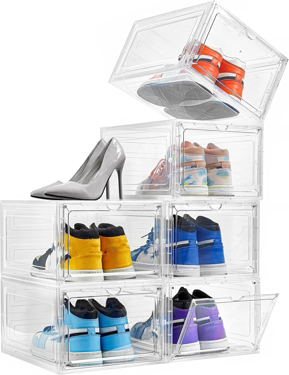Attelite Shoe Box Organizer,Set of 6,Stackable Plastic Shoe Box with Clear Door, Shoe Storage Box Containers,For Display Sneakers,Easy Assembly,Fit up to US Size 12(13.4”x 10.6”x 7.4”)