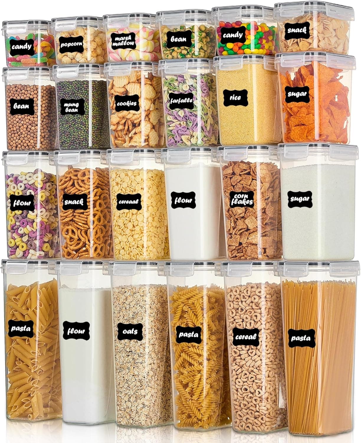 Airtight Food Storage Containers with Lids, Vtopmart 24 pcs Plastic Kitchen and Pantry Organization Canisters for Cereal, Dry Food, Flour and Sugar, BPA Free, Includes 24 Labels，Black