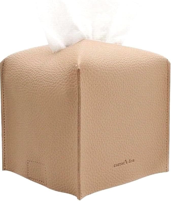 Tissue Box Cover Holder, Square with Bottom Belt by Carrot's Den - PU Leather Decorative Organizer for Tabletop, Bathroom, Car, Office | Beige