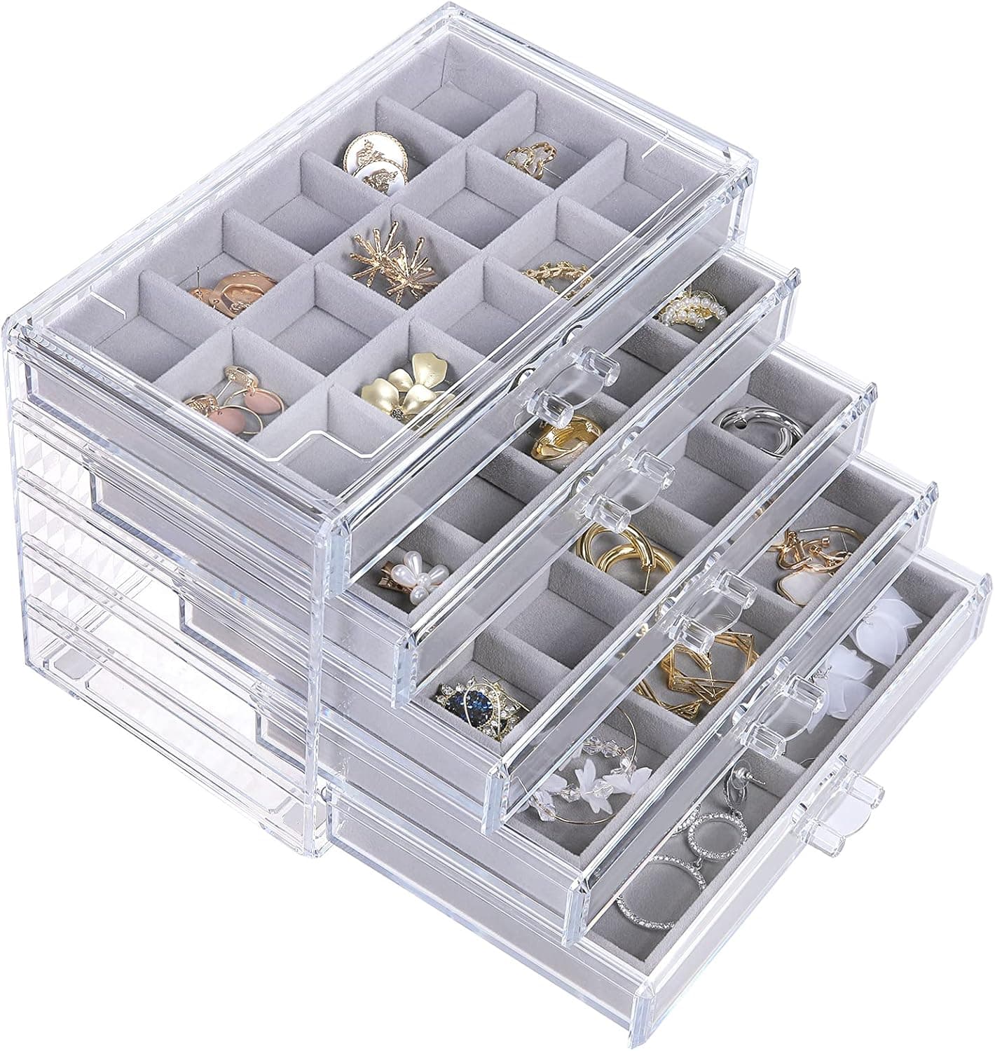 misaya Earring Jewelry Organizer with 5 Drawers, Birthday Present, Clear Acrylic Jewelry Box for Women, Velvet Earring Display Holder for Earrings Ring Bracelet Necklace, Gray