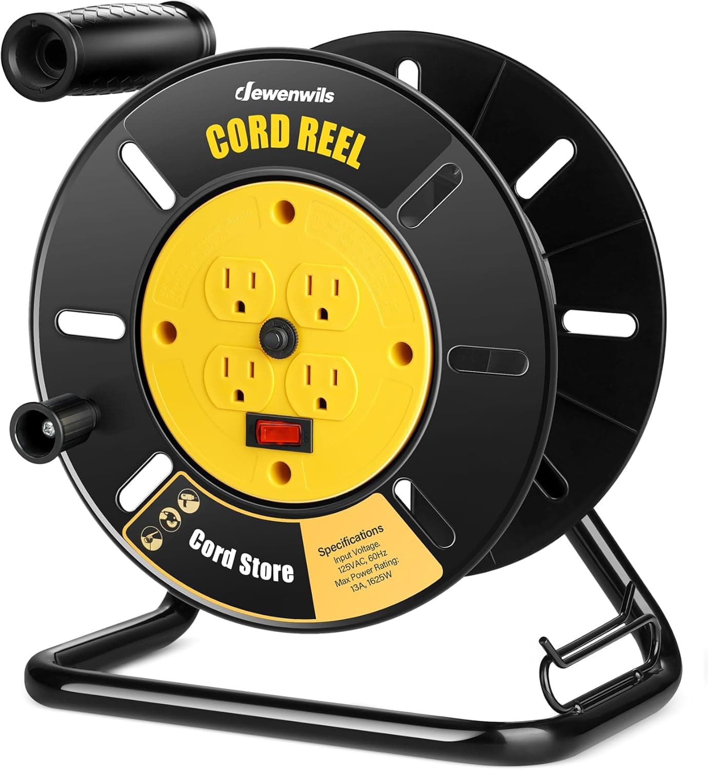 DEWENWILS Extension Cord Storage Reel with 4-Grounded Outlets, Heavy Duty Open Cord Reel for 12/3,14/3,16/3 Gauge Power Cord, Hand Wind Retractable, 13A Circuit Breaker, Yellow, ETL Listed