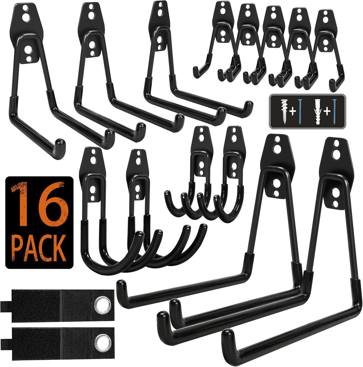 Steel Garage Storage Hooks - 16 Pack Anti-Slip Coating, Heavy Duty Wall Mount Hooks for Hanging Bike, Ladder, Garden Tools