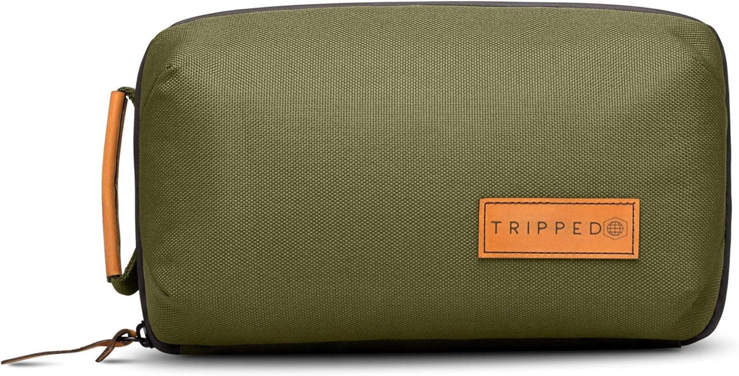 Tech Bag Organizer - Small Electronics Organizer Pouch for Travel - Premium Travel Case with Leather Accents - Mesh Pocket for Cables, Cords and Chargers (Green)