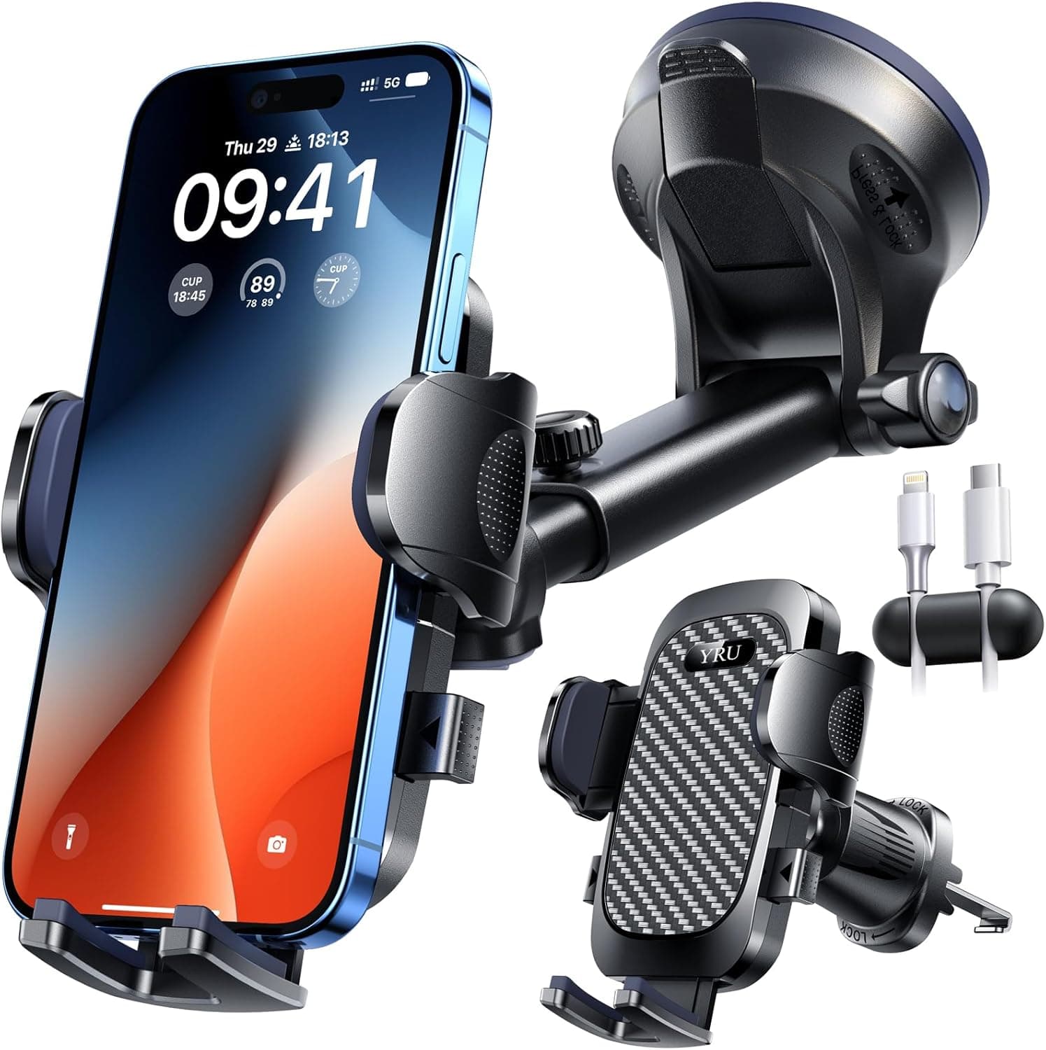 YRU True Military-Grade [360° Rotation Suction] 2025 Ultimate Car Phone Holder Mount 【90+LBS Safest Strongest & Patent Certs】 Dashboard Windshield Vent for iPhone 17 16 Pro Max Samsung, Gloss Black