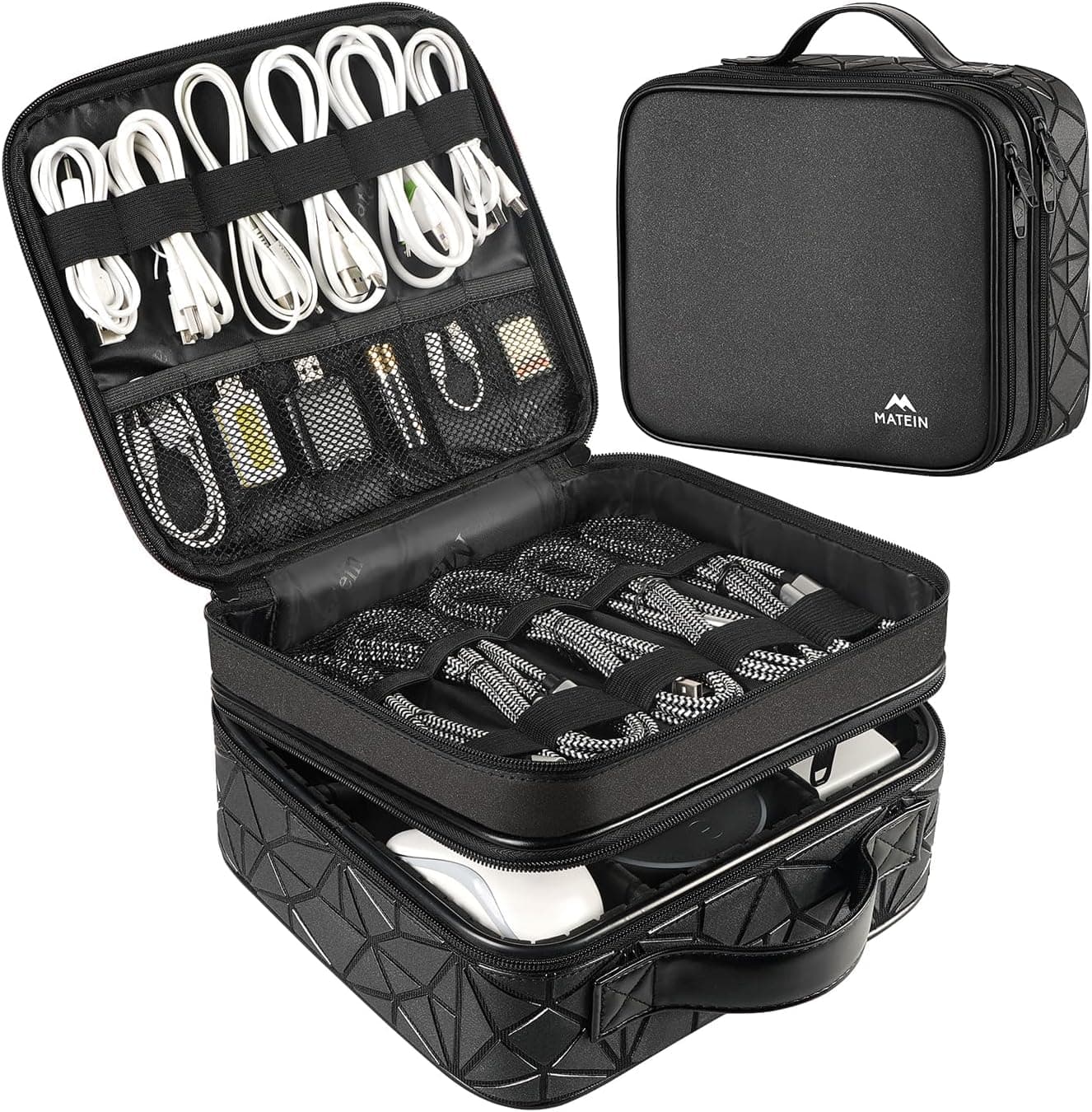 MATEIN Cable Organizer Bag, Waterproof Travel Electronic Storage, Shockproof Portable Double Layer Tech Bags Carrying Case for Cord, Earbuds, Charger, SD Card, DJ Gifts, Black