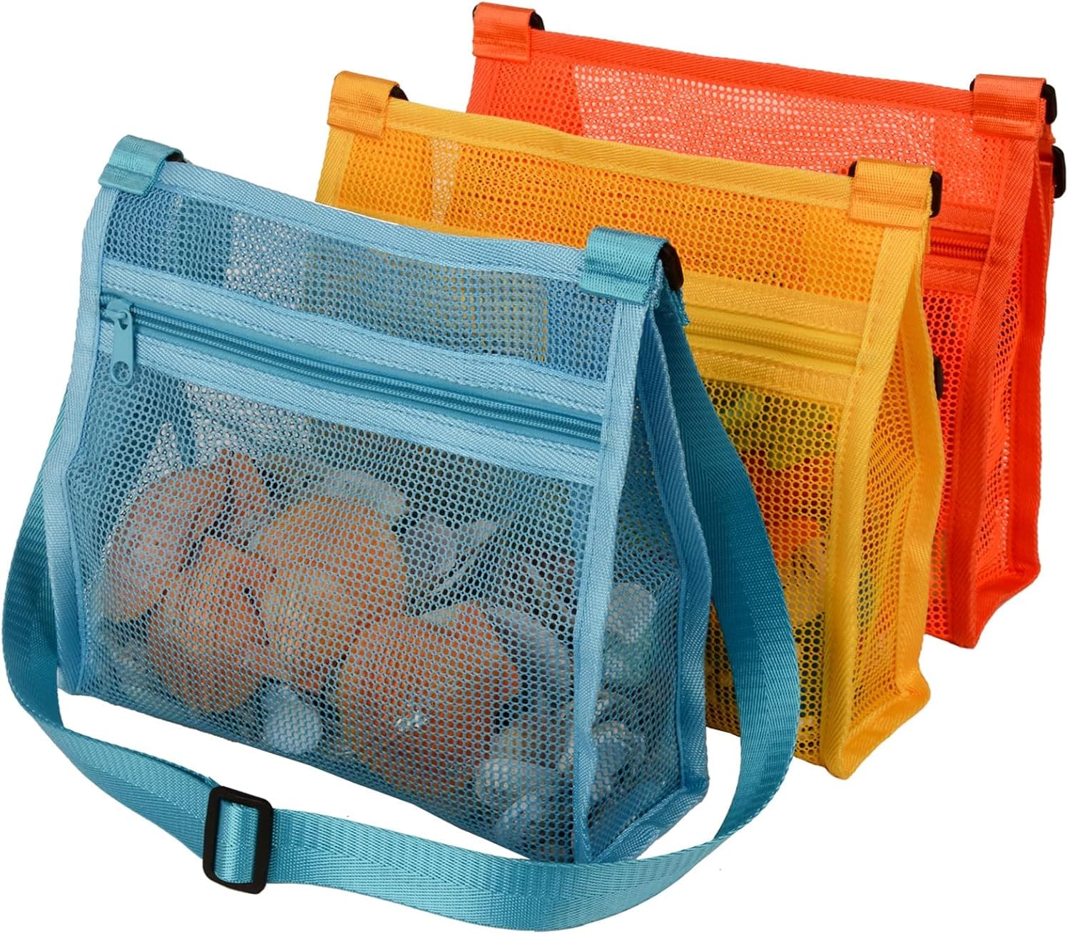 Mesh Bag for Holding Beach Shell,Toys (Blue&Yellow&Orange 3pack) Shell Collecting Bags for Kids, for Picking Up Shells