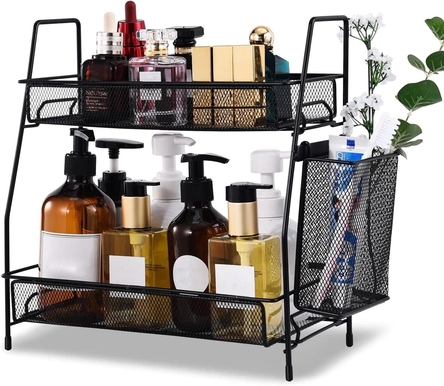 LEMIKKLE Countertop Organizer for Bathroom Counter, The Organizer for Bedroom, Spice Rack Organizer for Kitchen Counter Shelf with Small Basket(Black)