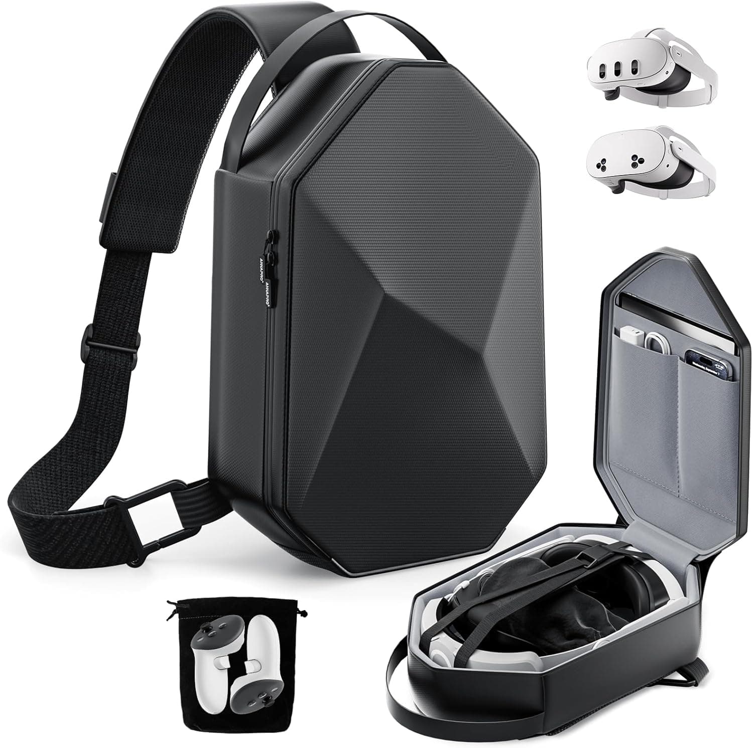 annapro Carrying Case for Meta Quest 3/Quest 3S/Quest 2/Apple Vision Pro 2, Fashion Crossbody VR Bag Compatible with Kiwi Design/BOBOVR Elite Battery Strap Accessories, Shoulder Travel Bag