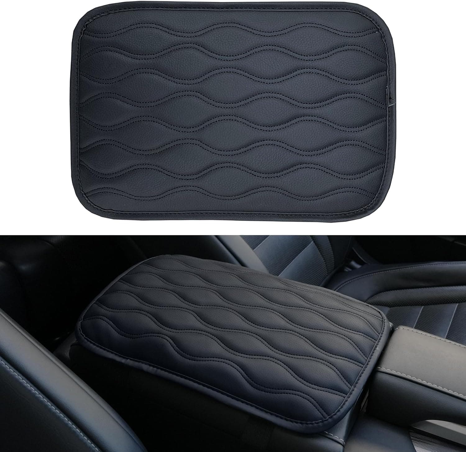 Amiss Auto Center Console Pad, Universal Waterproof Car Armrest Seat Box Cover, Car Interior Accessories, Leather Auto Armrest Cover Protector for Most Vehicle, SUV, Truck (Black)
