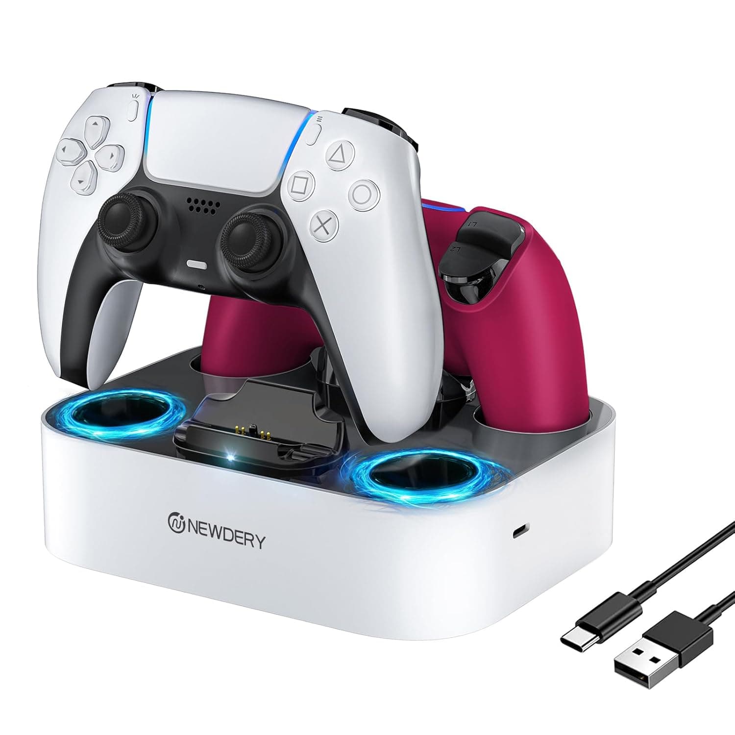 NEWDERY for PS5 Controller Charger Station Compatible with Dualsense Edge, Fast Charging Dock Stand with Cable, Dual Charging Station for PlayStation 5 & DualSense Edge Controller