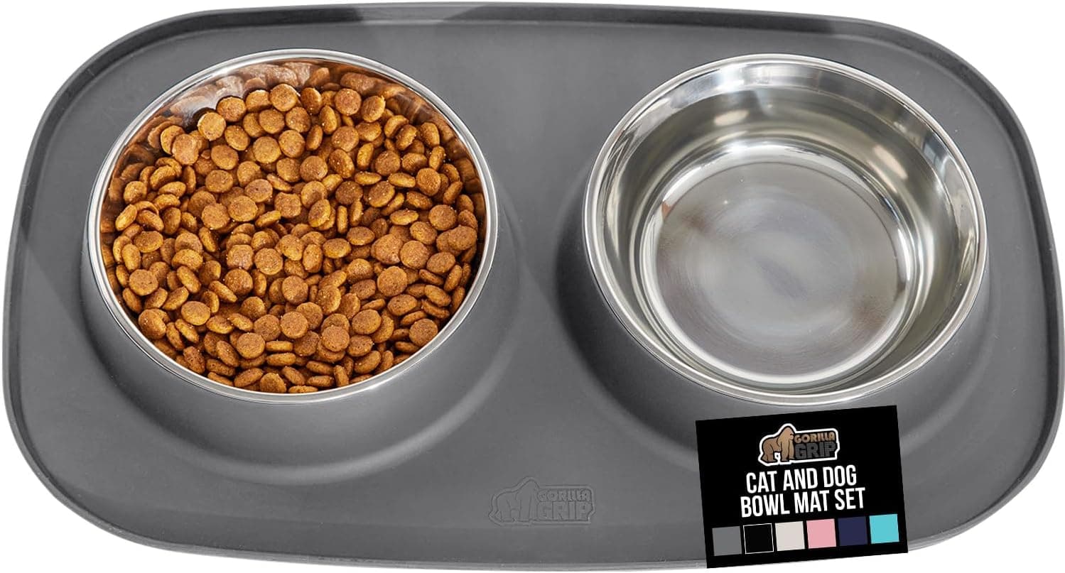 GORILLA GRIP Feeding Mat Set, Patent Pending 100% Waterproof BPA Free Silicone, Stainless Steel Cat and Dog Bowls, Slip Resistant, High Edges Catch Water Food, US Designed Pet Accessories, 1 Cup Gray