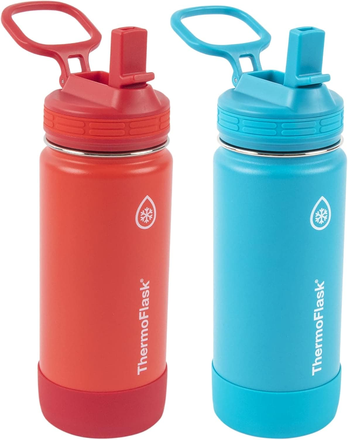 ThermoFlask Kids Bottle with Straw Lid - Durable & Dishwasher-Safe Water Bottles & Lids - Leak-Proof Bottle Lid Design - Reusable Water Bottles for Everyday Use - 16 oz, Red/Blue (2 Pack)