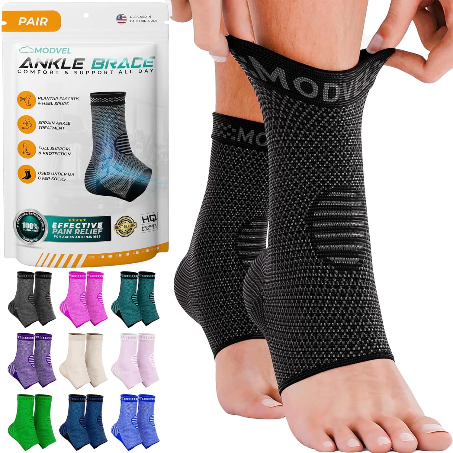 Modvel Foot & Ankle Brace Socks for Sprained Ankle Compression Sleeve - Plantar Fasciitis Relief Brace, Foot Support for pain Women & Men - Tendonitis & Arthritis Feet Sleeve, Stabilizing Ankles Wrap