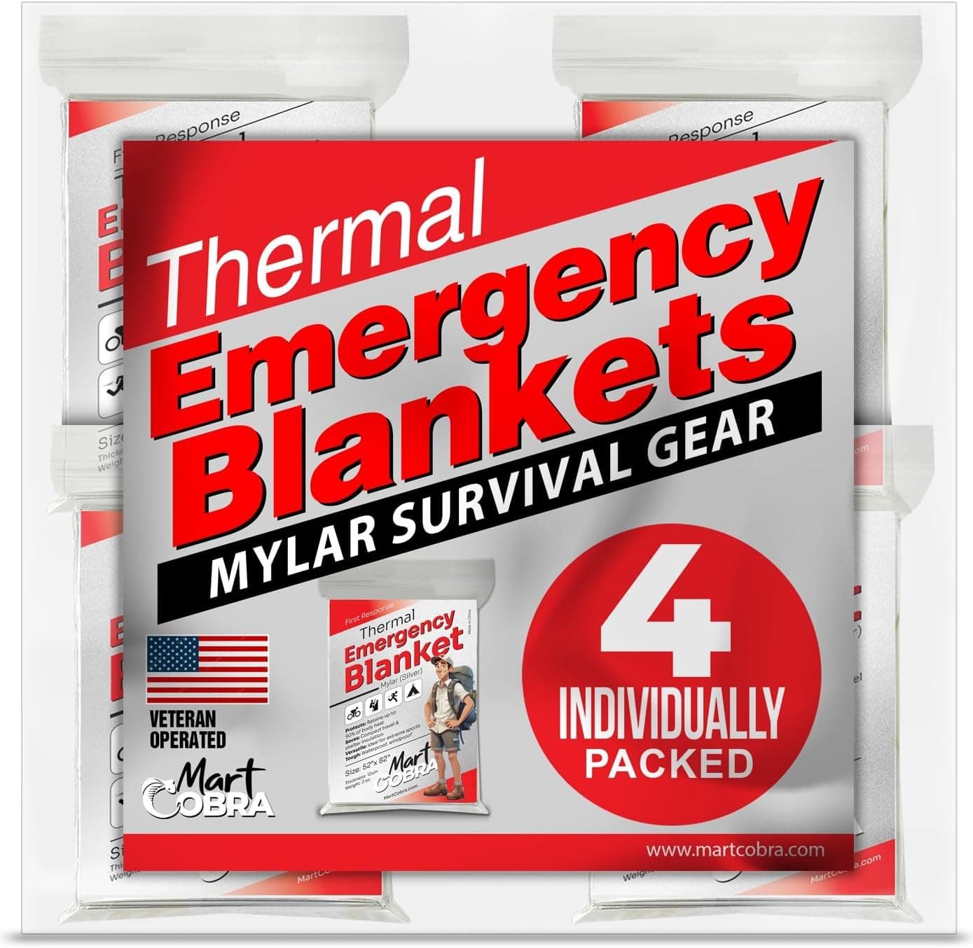Emergency Blanket 4-Pack Space Mylar Blankets Survival Gear and Supplies Reusable Thermal Camping Hunting Essentials First Aid Car Backpacking Marathon Kit Prepper Go Rave Bug Out Bag Foil Cold Winter
