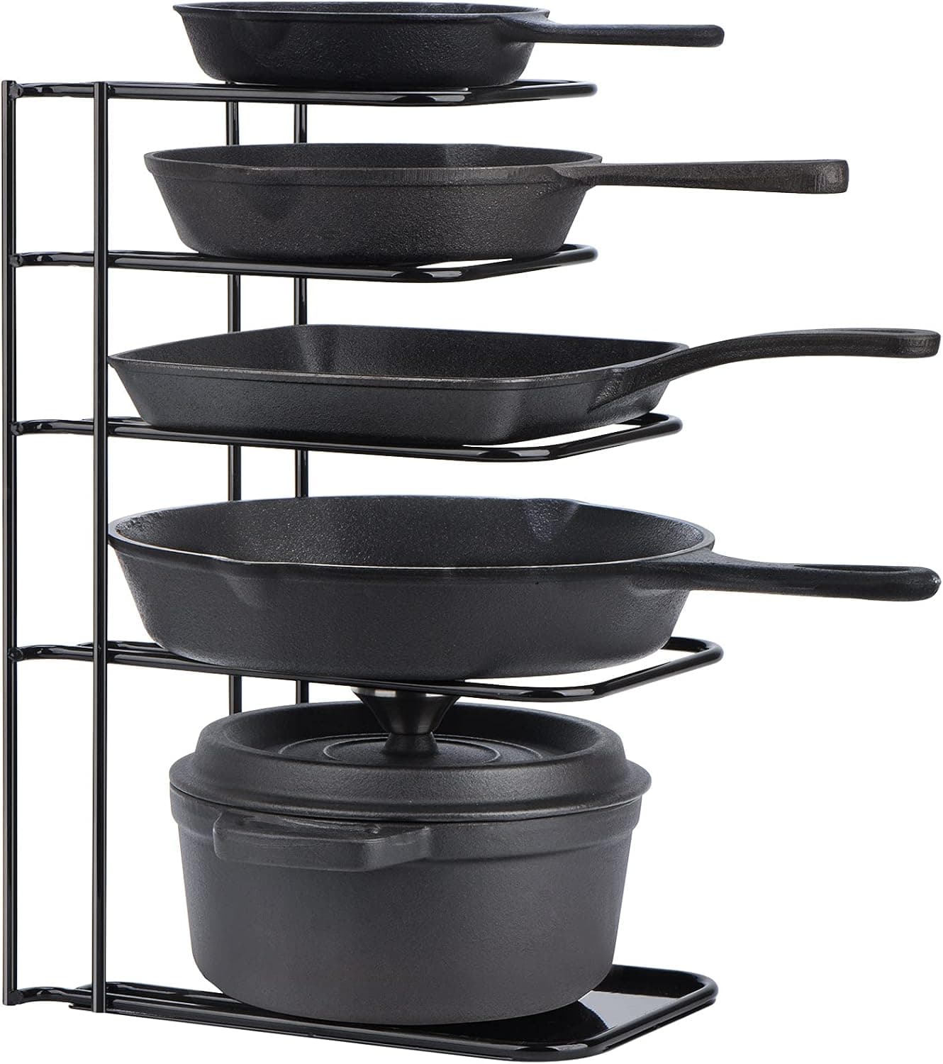 Toplife Heavy Duty Pan Organizer, 5 Tier Pot and Pan Organizer Rack for Cast Iron Skillets, Griddles and Pots - Sturdy Steel Construction- No Assembly Required - Black