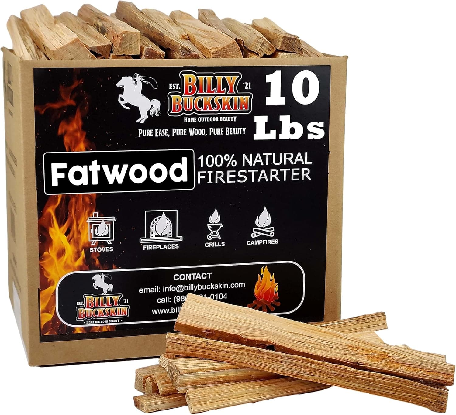 10lb Fatwood Fire Starter Sticks | 100% Natural Fire Starters for Campfires, Firepit, Fireplaces, BBQ, Wood Stoves | Easy Ignition w/Just 2 Sticks | Camping Essentials by Billy Buckskin (10lb Box)