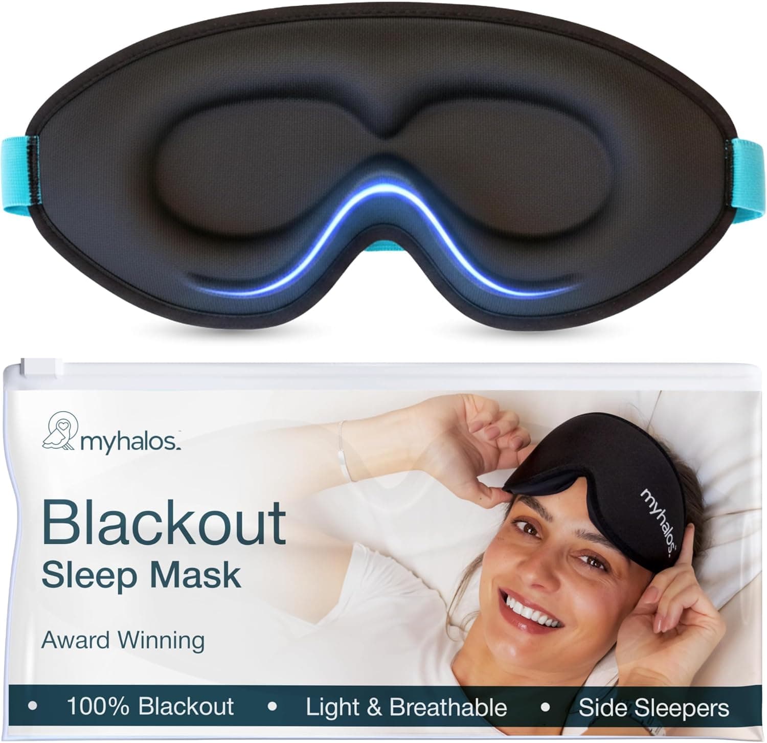 MyHalos® Sleep Mask – 3D Blackout Eye Mask for Women & Men, Side Sleepers, Zero Pressure Memory Foam Eyelash Friendly, Breathable, Sleep Aid for Travel, Shift Work, Light Sensitivity Relief