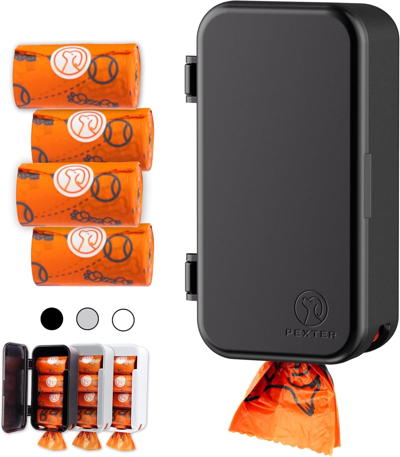 Dog Poop Bag Dispenser - Outdoor or Indoor Pet Waste Bag Dispenser Station - Stick-On or Screw-On Wall Mount - Poop Bags Storage Outdoor Container - Includes 4 Doggie Bag Rolls (Black)