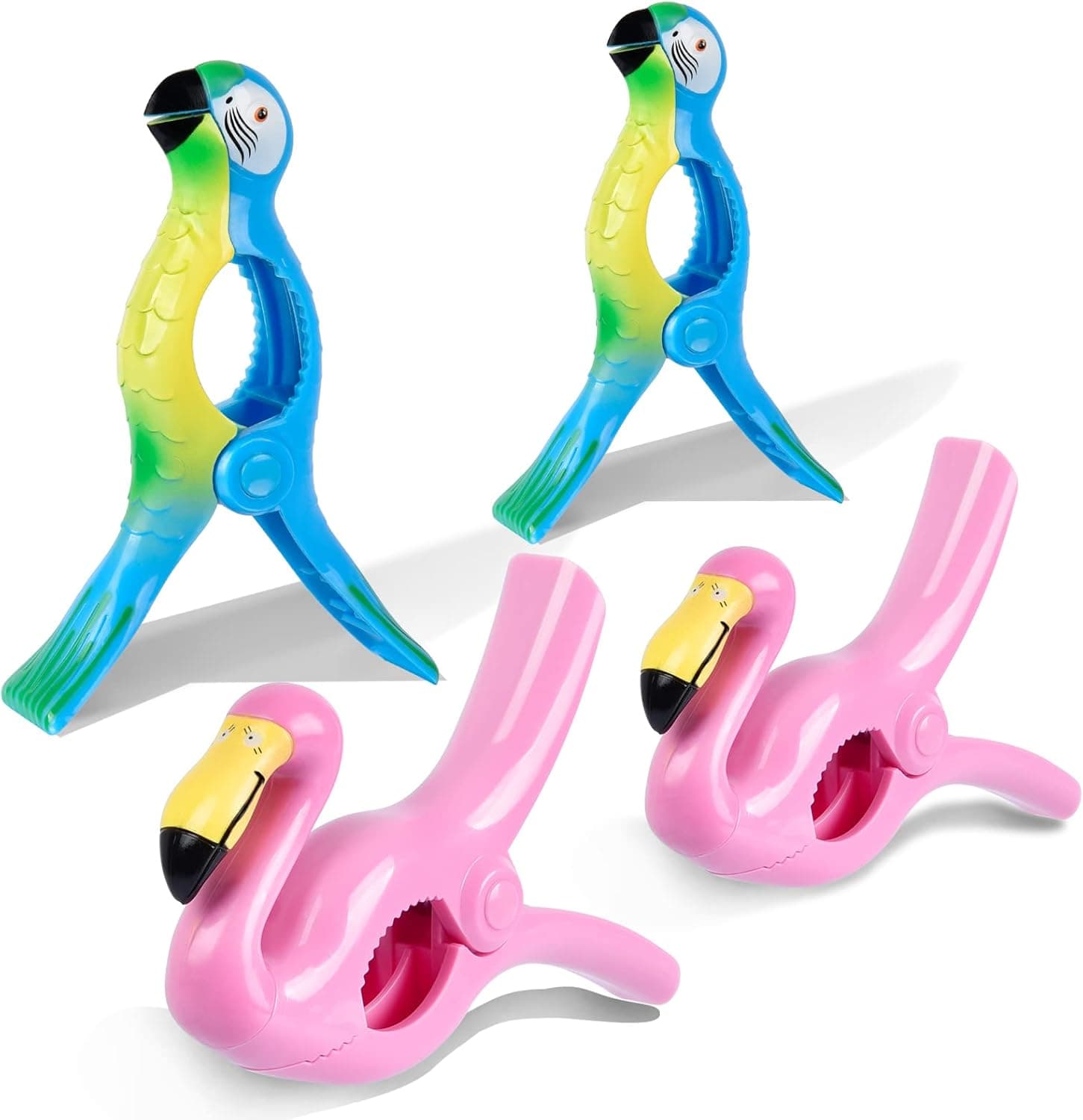 Beach Towel Clips, Sopito Jumbo Size Towel Clips for Beach Chairs Cruise Pool Patio or Daily Use-Secure Hang Seal, Set of 4 (Flamingo Parrot)