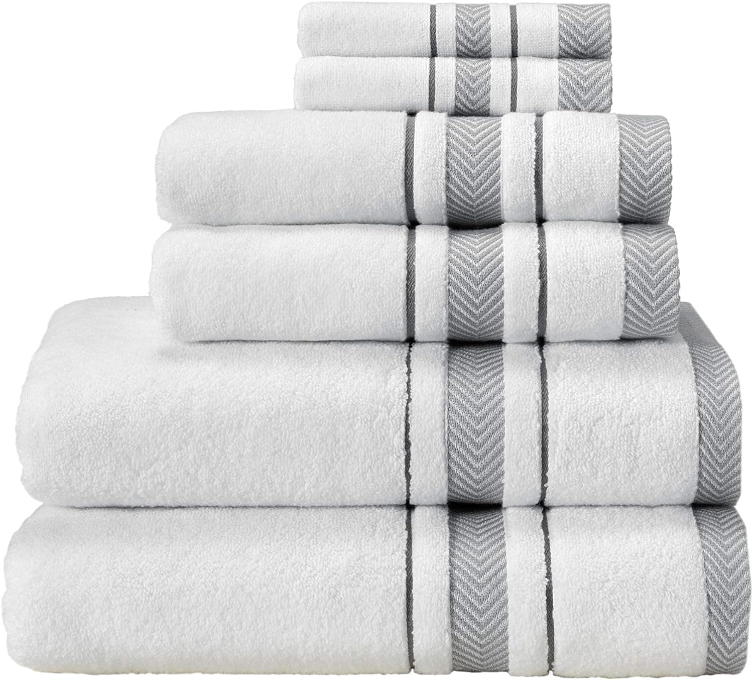 Bath Towel Set_White Towel For Bathroom, Luxury Hotel &Spa Quality, 100% Cotton .Includes 2 Large Bath Towels, 2 Hand Towels and 2 Washcloths.Super Soft, Absorbent & Decorative (White/Grey)