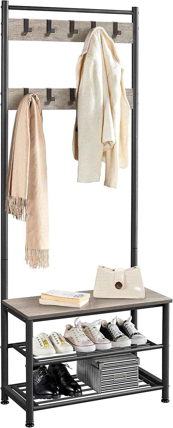 Yaheetech Coat Rack, Hall Tree with Shoe Bench, Entryway Shoe Storage with Coat Rack Stand, 9 Movable Hooks, Industrial Entryway Furniture, Gray