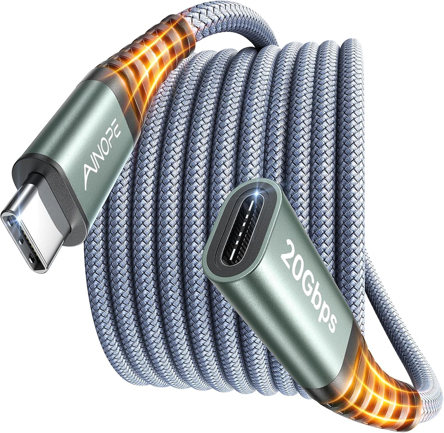 AINOPE USB C Extension Cable 6.6FT, 20Gbps/240W USB3.2 Type C Extender Cord for PSVR 2 Accessories, 4K@60Hz Video Output Braided USB C Female Extension Cable for Hub/PSVR2/Magsafe Charger/Phone,Grey