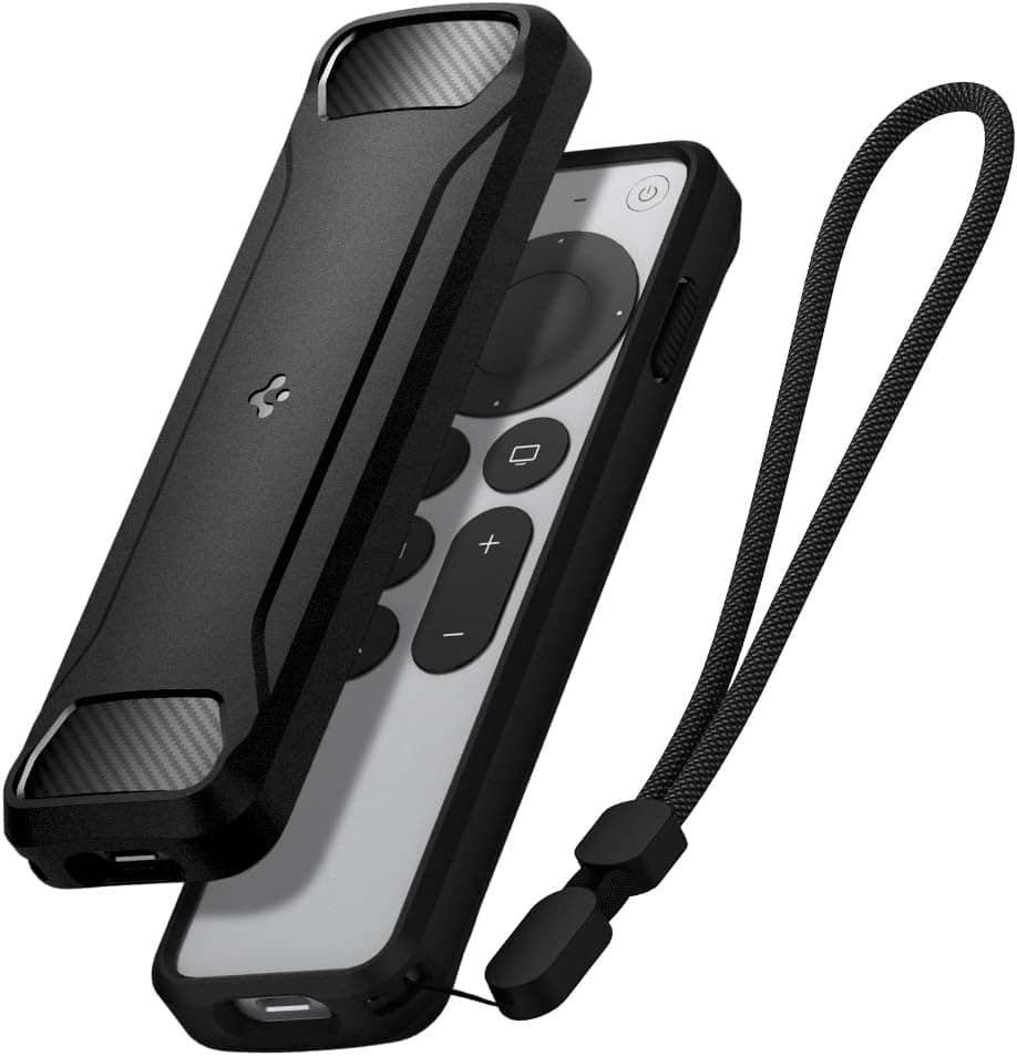 Spigen Rugged Armor Designed for Apple TV 4K 2021/2022 Siri Remote Case Cover with Shockproof Magnetic Technology and Wrist Strap (Metal Plate and Magnetic Included) - Black