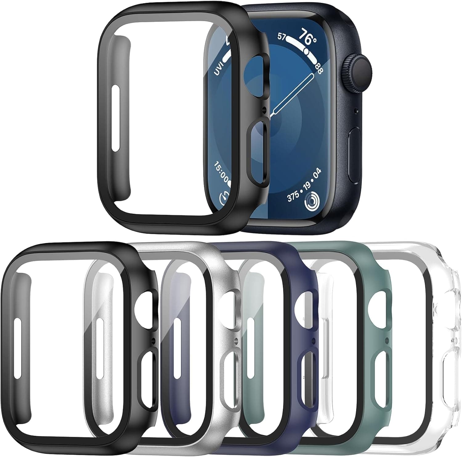 Haojavo 5 Pack Case with Tempered Glass Screen Protector for Apple Watch Series 9 8 7 45mm, PC Hard Ultra-Thin Slim Fit Scratch Resistant Bumper Protective Cover for iWatch S9 S8 S7 45mm Accessories