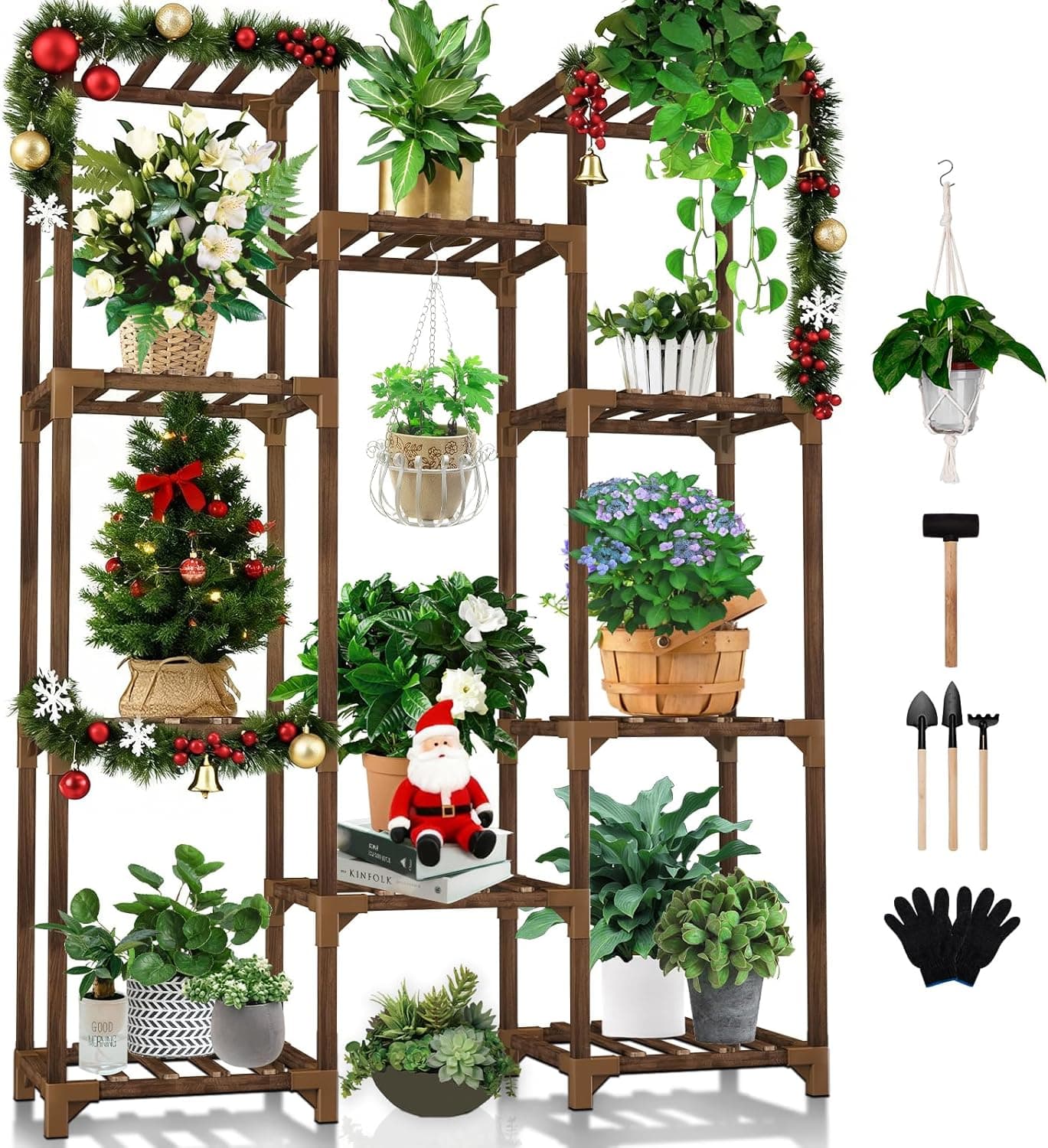 Uneedem Plant Stand Indoor Outdoor, Tall Plant Shelf for Multiple Plants, 10 tiers 11 Pot Large Plants Holder Rack Wood Plant Shelves for Room Corner Balcony Garden Patio