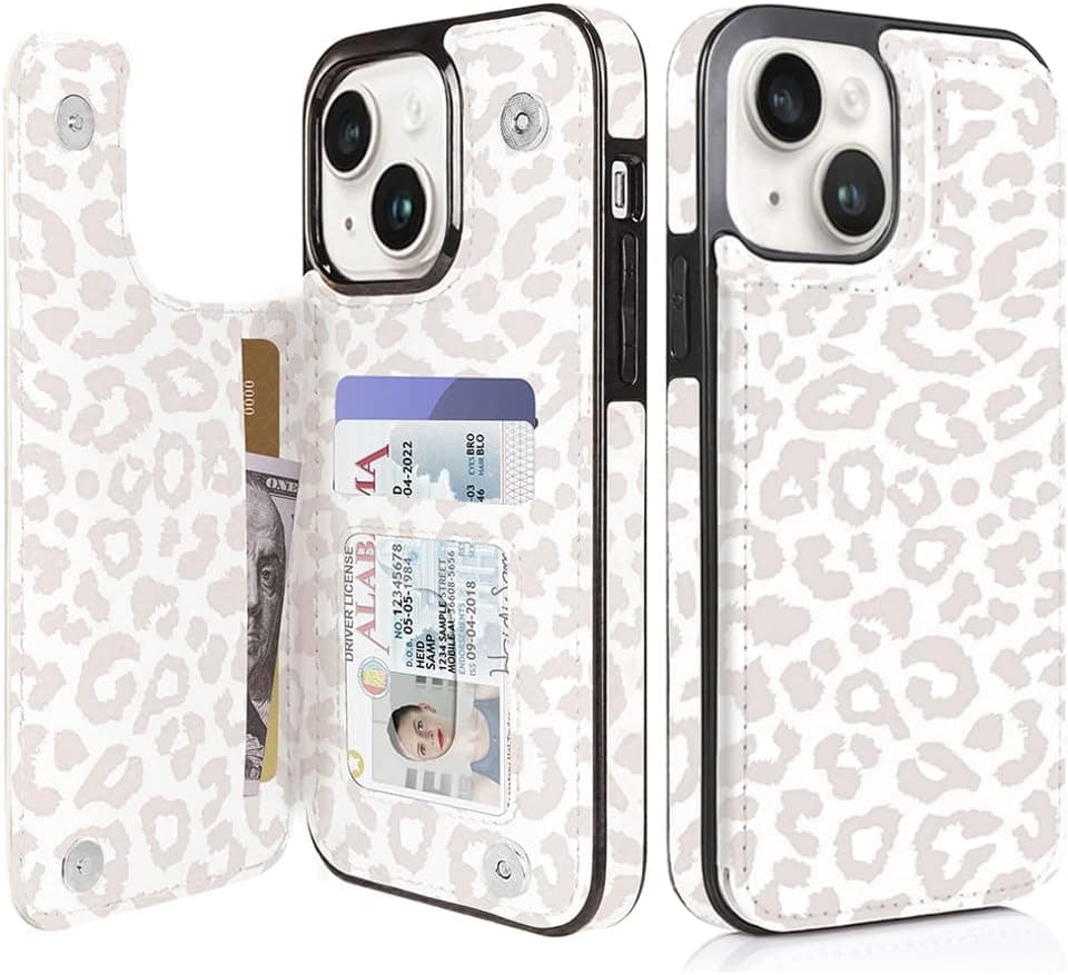 uCOLOR Flip Leather Wallet Case Card Holder Compatible with iPhone 13 6.1 iPhone 14 6.1 Women and Girls with Card Holder Kickstand (Beige Leopard)
