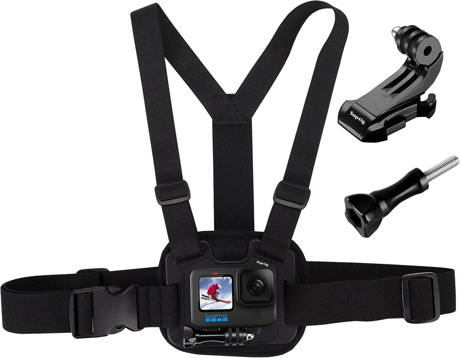 Suptig Chest Mount, Adjustable Chest Strap, Breathable Material Compatible for Gopro Hero 12 Hero 11 Hero 10 Hero 9 Hero 8 Hero 7 Hero 5 Hero 4 Hero 3, AKASO, DJI osmo and More Action Cameras (Black)